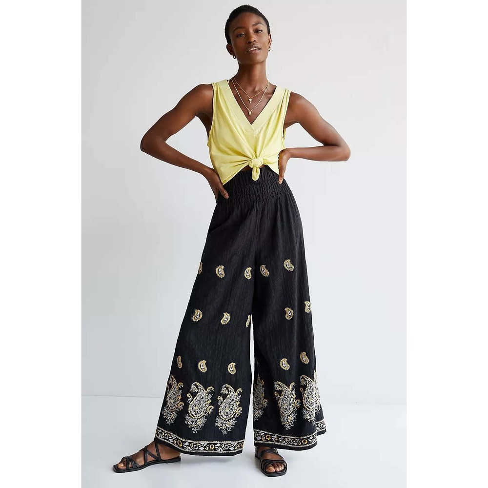 Anthropologie Maeve Smocked Wide Leg Boho Festival Pants Black S